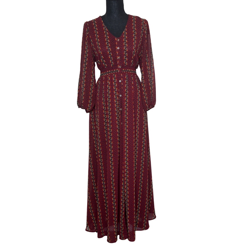 Roolee Burgundy Floral Stripe Button Front Maxi Dress Size L
